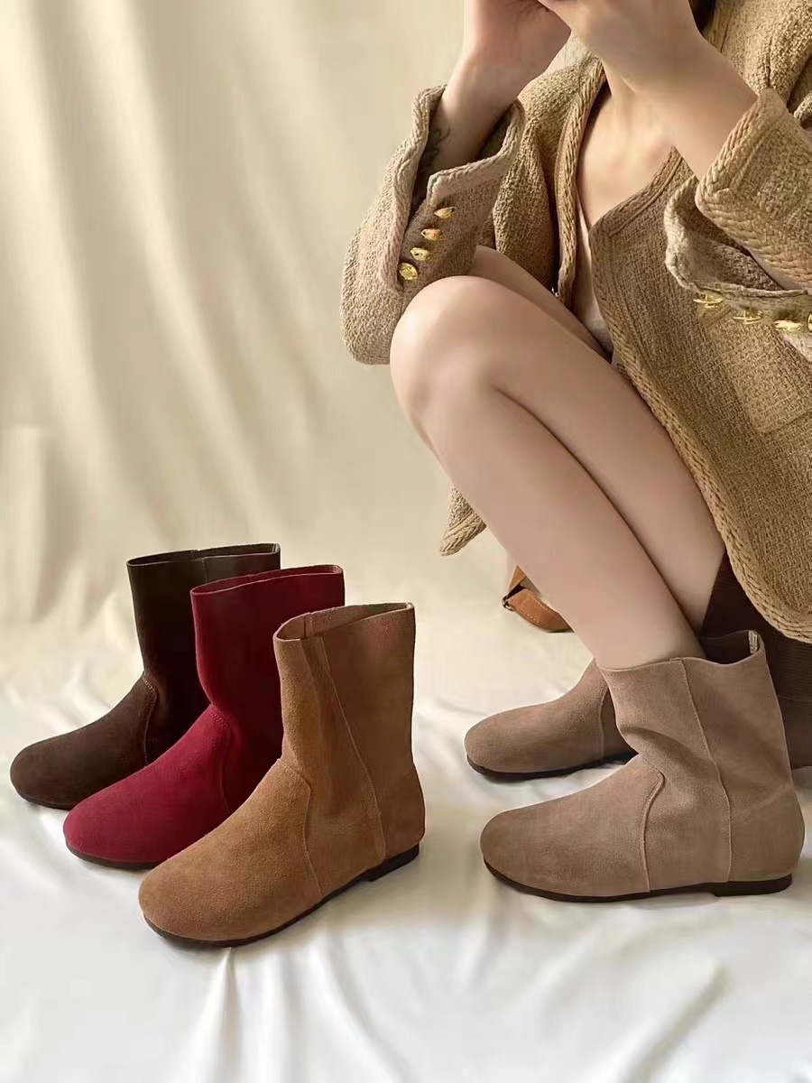 Chaussures ShoeVault en cuir suédé véritable pour femme, modèle Martin, collection automne-hiver 2024, style rétro, bout rond, souple, confortable et polyvalent._voghion.com