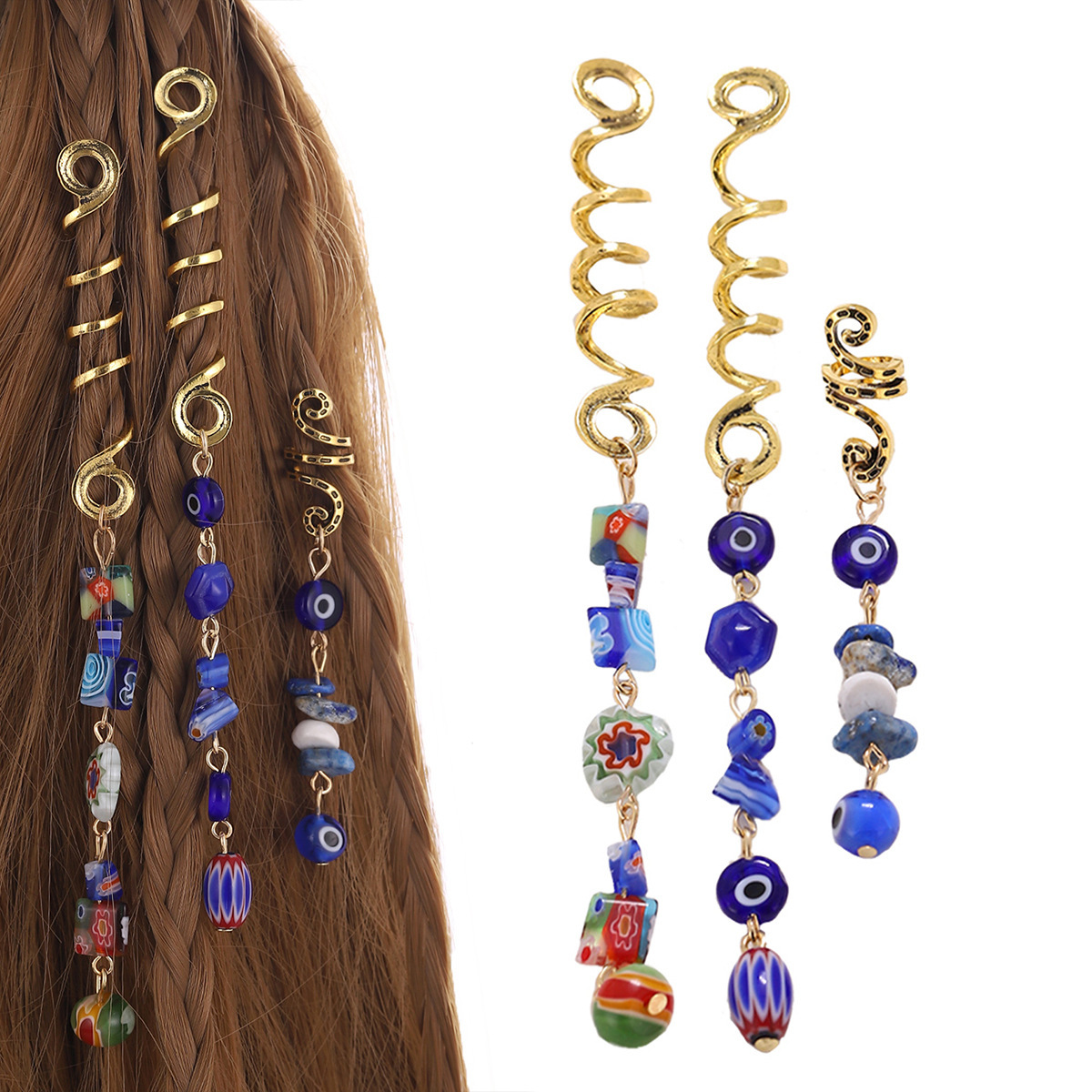 European and American Stylish Exaggerated Snake-Shaped Braided Hair Ring Natural Blue Cat's Eye Pendant Hair Accessories Ethnic Style Dreadlock Hairpin