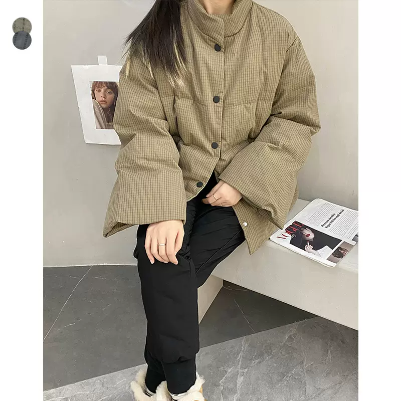 严选PLUS素町冬季加厚羽绒服慵懒复古小格子立领白鸭绒短款羽绒