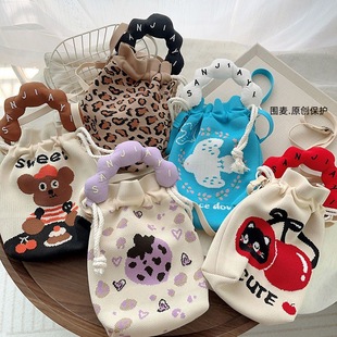 Knitted Bucket Bag Women's Cartoon Pattern Hand Carrying Casual All-match Drawstring Portable Underarm Bag Crossbody Bag Lunch Bag