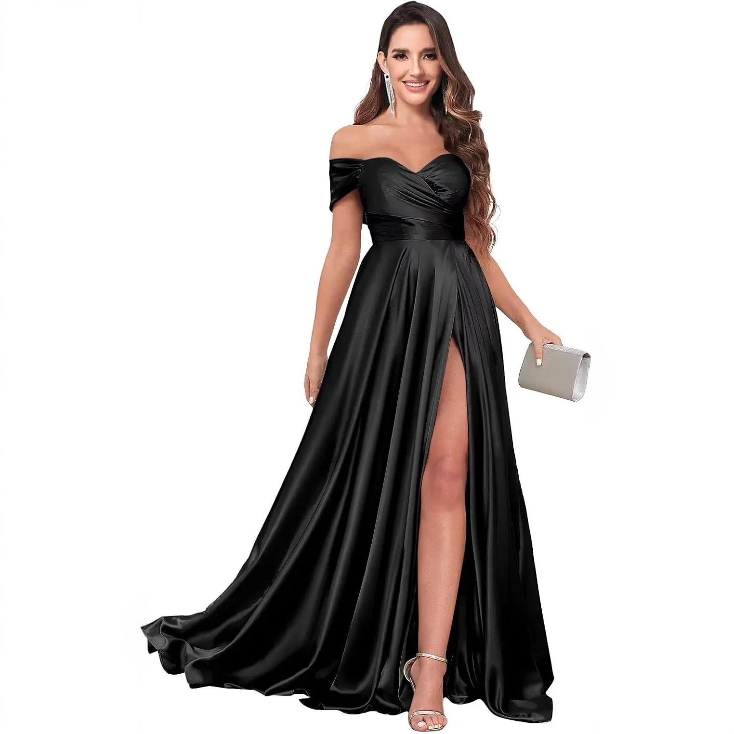 露肩缎面伴娘礼服一字肩荷叶边舞会礼服带开衩晚礼服长款豪华派对