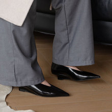 头层牛皮尖头浅口单鞋3.5CM坡跟单鞋春新品奶奶鞋真皮中跟单鞋女