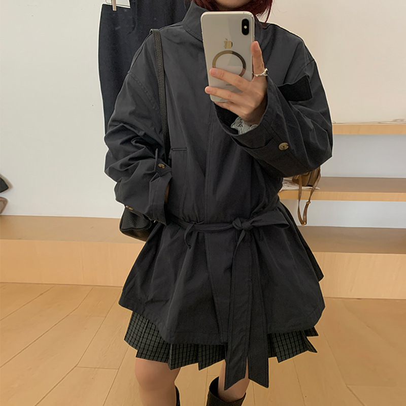Korean Dongdaemun 2026 Spring New Style Elegant Small Lapel Dress-Style Tie-Waist Trench Coat That Hides the Body Shape and Makes You Look Slimmer