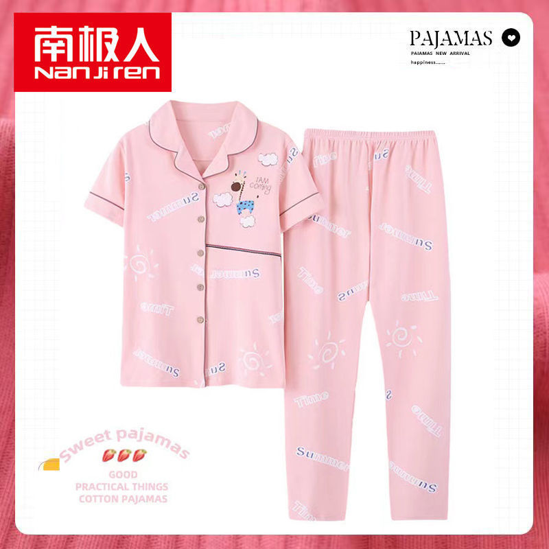Pijamas de mujer de verano de algodón de manga corta pantalones de solapa de verano de las mujeres delgadas homewear traje