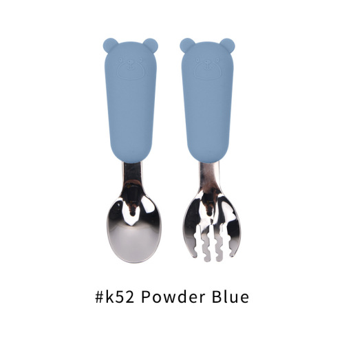 Cartoon bear children's tableware silicone spoon and fork set Baby short handle 316 stainless steel fork and spoon set