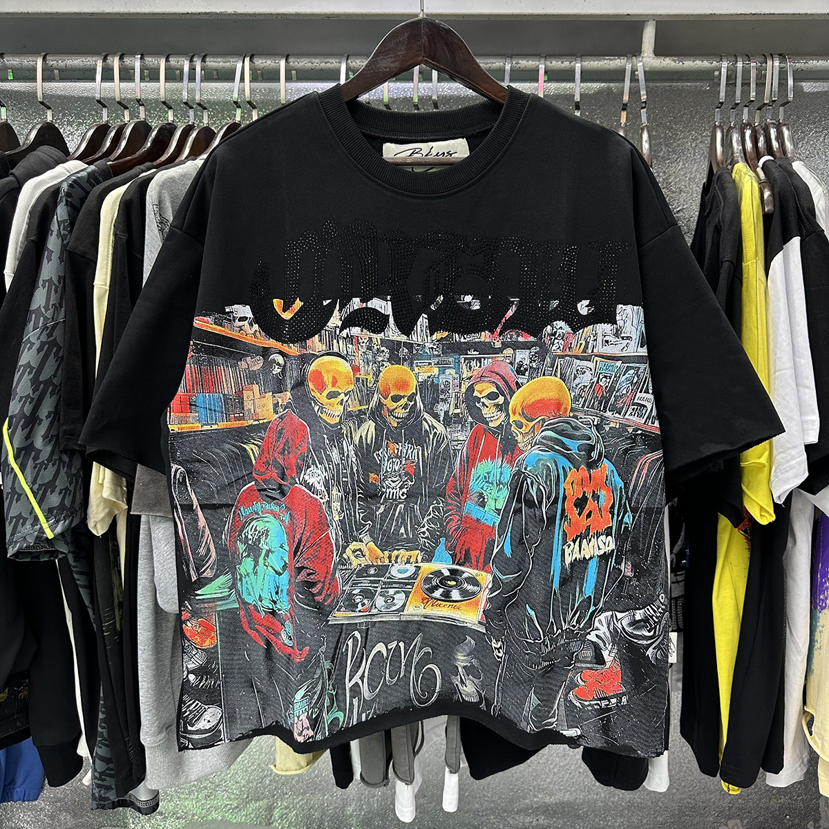Transfronterizo nueva venta en caliente BKS camiseta de manga corta extraña esqueleto retro lavado de agua caliente perforación en caliente para hombres y mujeres de moda en stock lotes