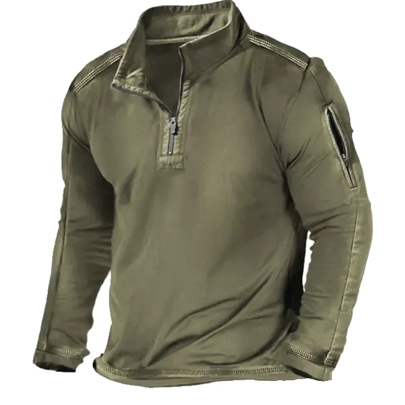 Primavera y otoño Comercio exterior más tamaño de los hombres al aire libre bolsillo con cremallera media cremallera cuello táctico de manga larga Camiseta suéter casual