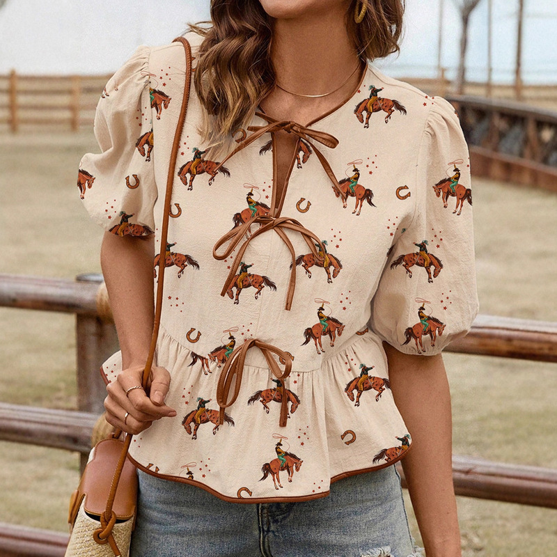 Trendy Short-Sleeve Women's Shirt Western Style Pullover Lace-Up Casual Loose Round Neck Top European and American Cross-Border New Style