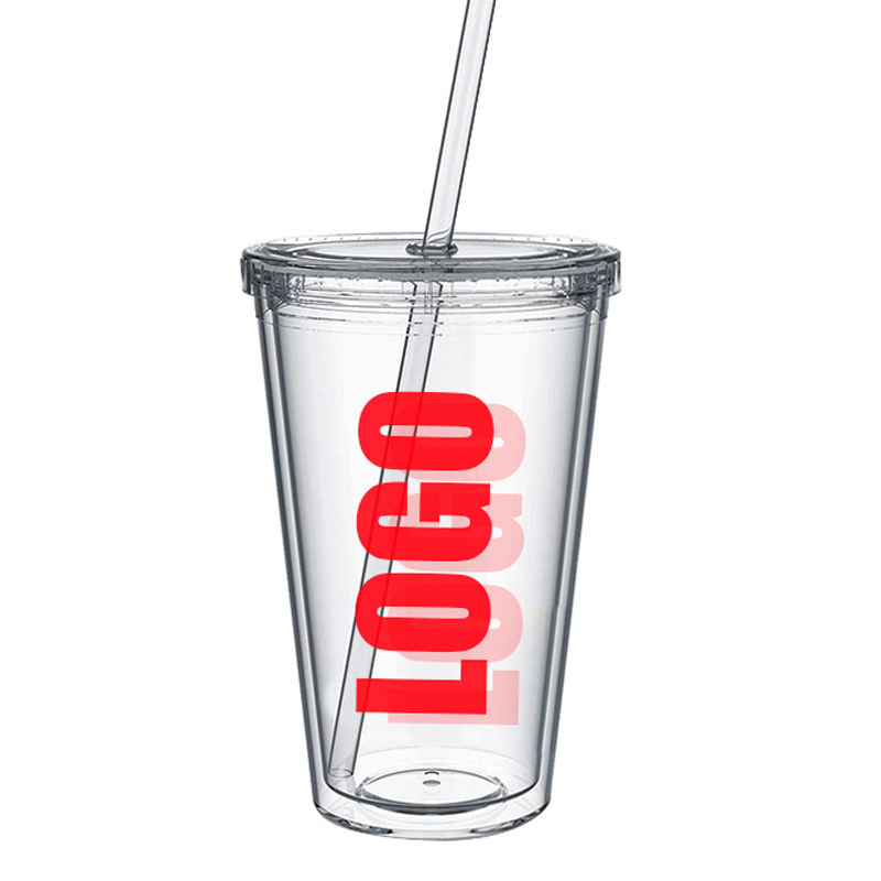 Taza de plástico de 16oz Taza de agua de plástico de doble capa Pajita transparente con tapa Taza de regalo de publicidad portátil