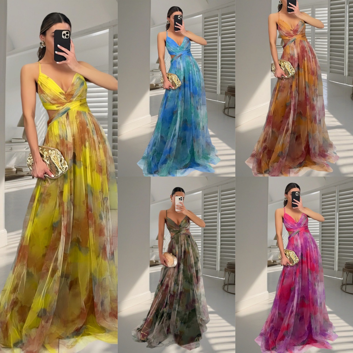 2025 Spring and Summer Foreign Trade Cross-border Amazon Independent Station Europe and the United States New Mesh Printing Sling dress Vacation