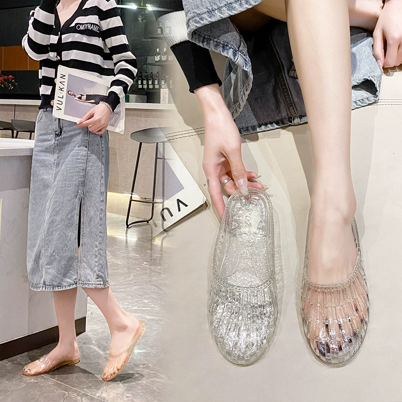 Домашние уличные тапочки, женские летние прозрачные Универсальные женские сандалии на плоской подошве с кристаллами, дезодорант для ванной, нескользящая пластиковая пляжная обувь