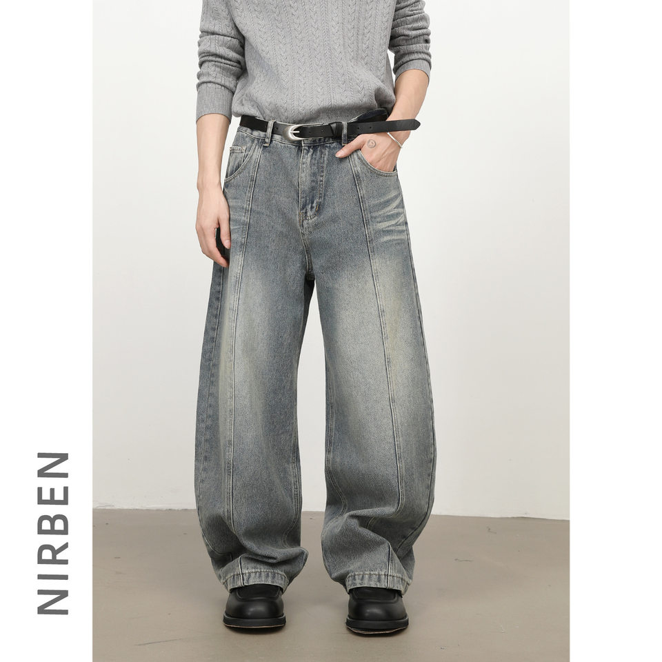 Quần jean nam ống rộng lưng giữa, dáng suông thẳng, denim mềm phong cách retro — màu xanh