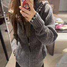 灰色双拉链开衫拼接格纹连帽毛衣外套女秋冬季慵懒百搭显上衣潮