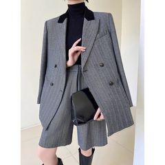 2025新款冷淡系女西装外套复古黑白人字纹毛呢五分裤西服套装