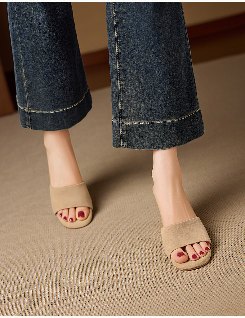 Dép sandal nữ quai ngang gót xuồng cao 9 cm, mũi hở, chất liệu da lộn giả cừu — Hồng, Màu hạnh- chi tiết 8