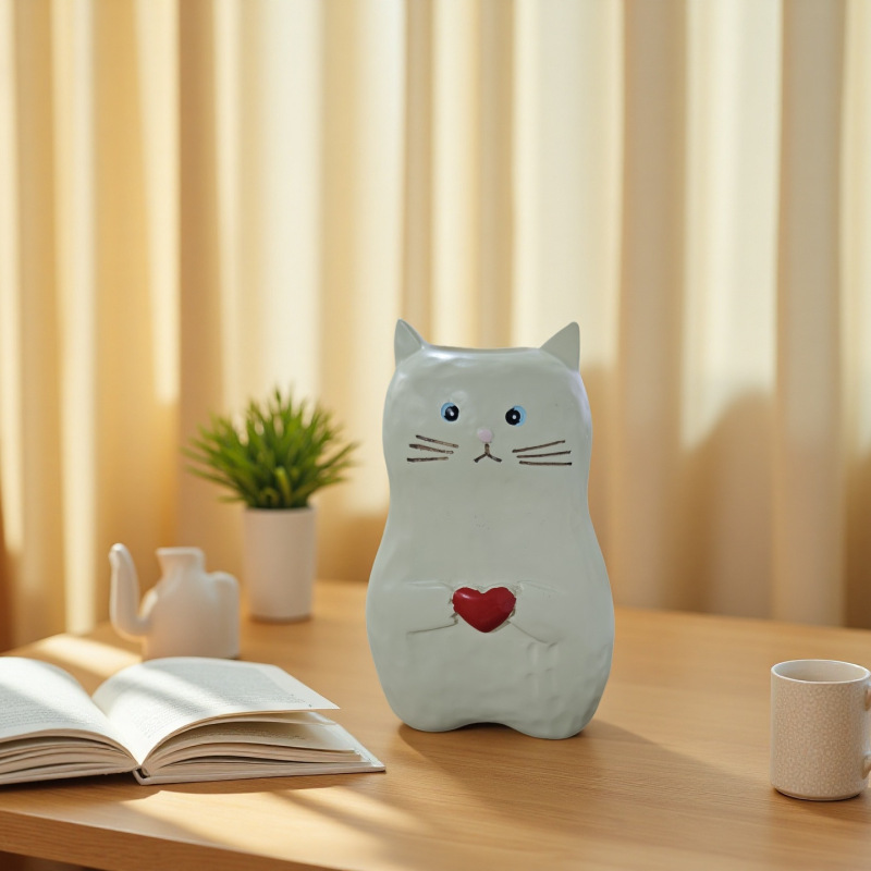 跨境新品抱爱心猫咪花 瓶装饰树脂工艺品爱猫者礼物家居摆件|undefined