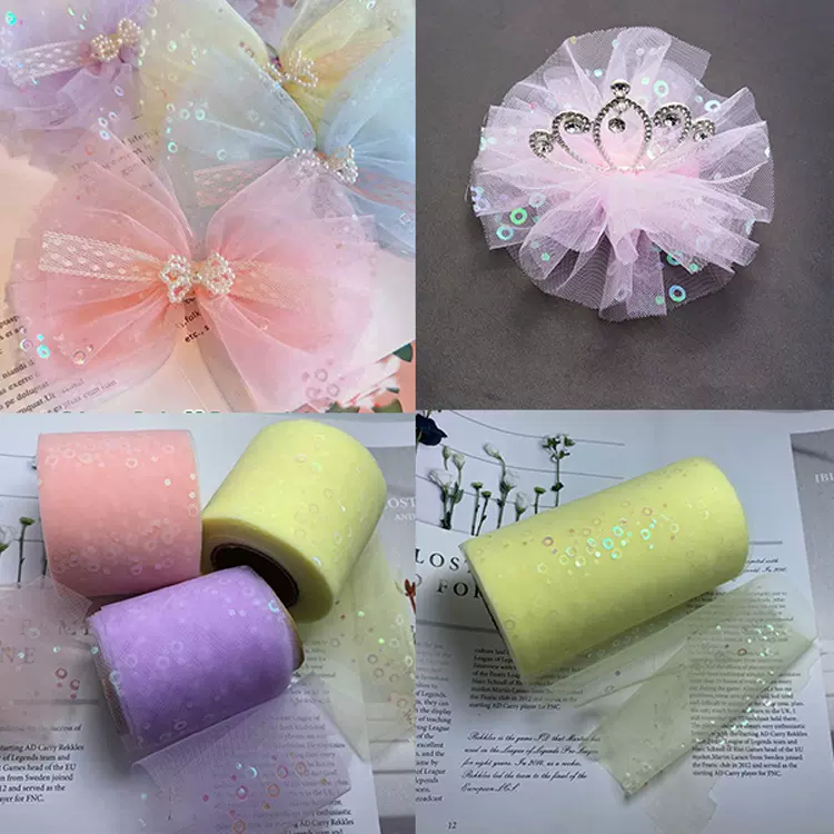 韩版鱼泡亮片发饰网纱材料DIY蝴蝶结材料幻彩片网纱儿童自制材料