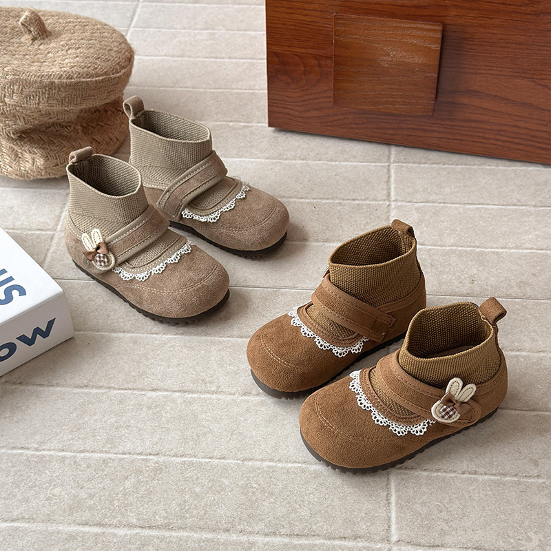 American Girls' Lace-Up Boots 2025 Autumn and Winter New Little Girls' Soft-Soled Non-Slip Mary Jane Princess Shoes Baby Socks