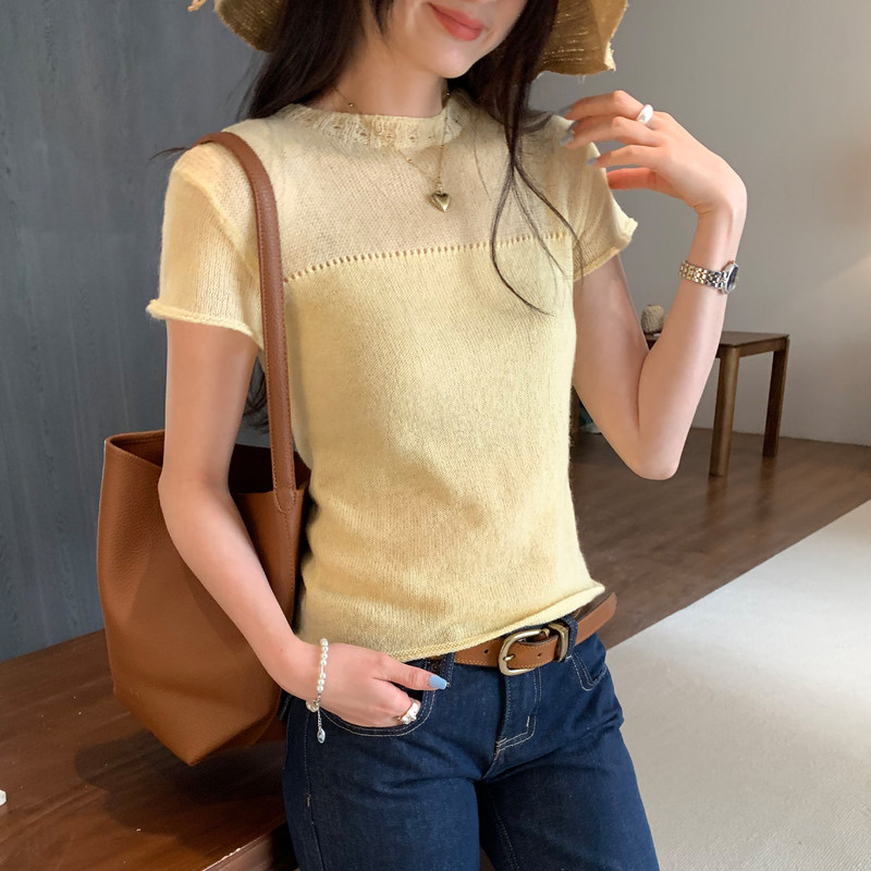 Light and Gentle Intellectual Style, Hazy Semi-Transparent Short-Sleeve Knit Top for Women, 2026 Spring New Slim-Fit Slimming Top