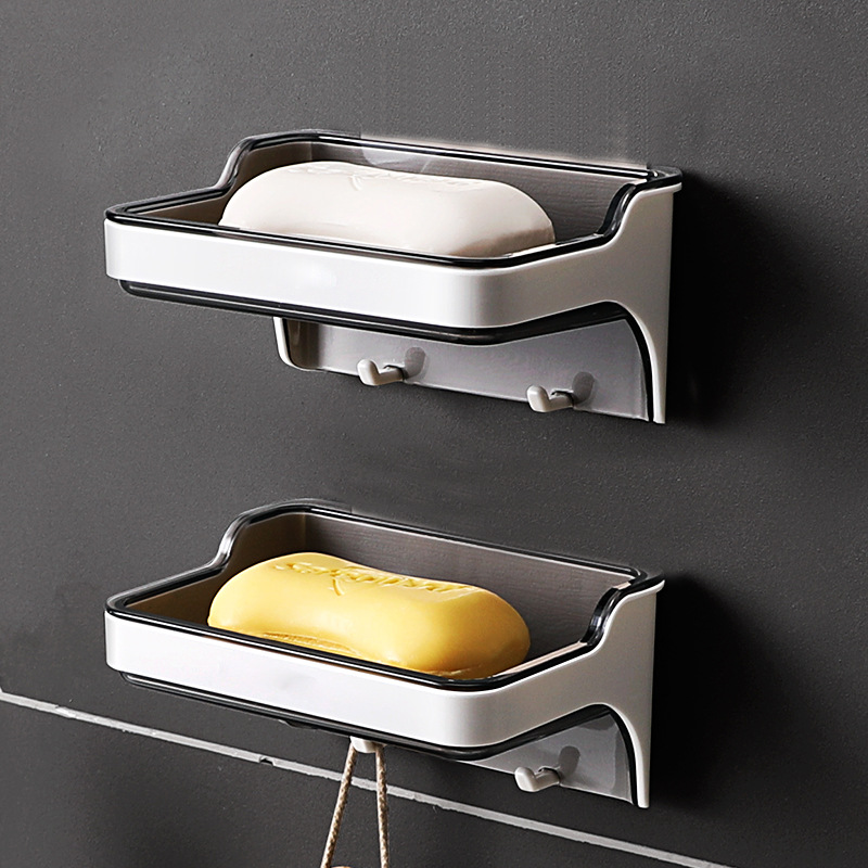 Caja de jabón de drenaje de pared sin perforaciones baño estante de jabón creativo estante de jabón de doble capa con gancho