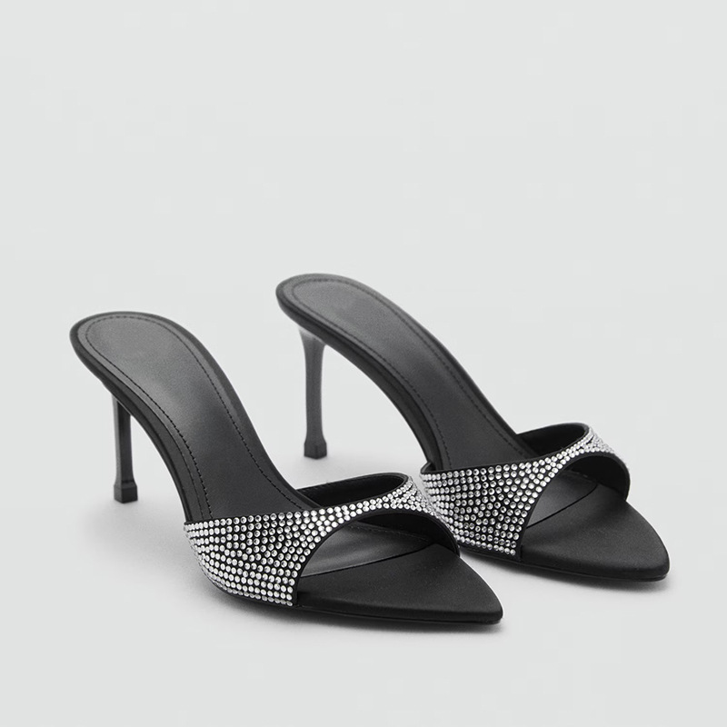 Slippers for Women Summer Outer Wear 2025 New Summer Half Slippers Sexy Rhinestone Pointed Toe Open Toe Stiletto Sandals