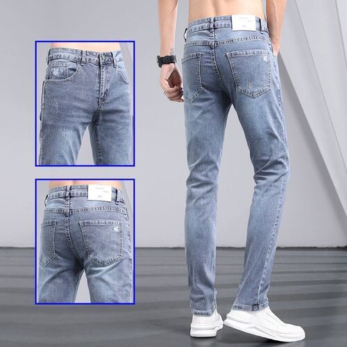 Spring and Autumn Men's Jeans Slim Straight Leg Pants Trend Brand Light Color Cool Style Breathable Casual Fashion Versatile Long Pants