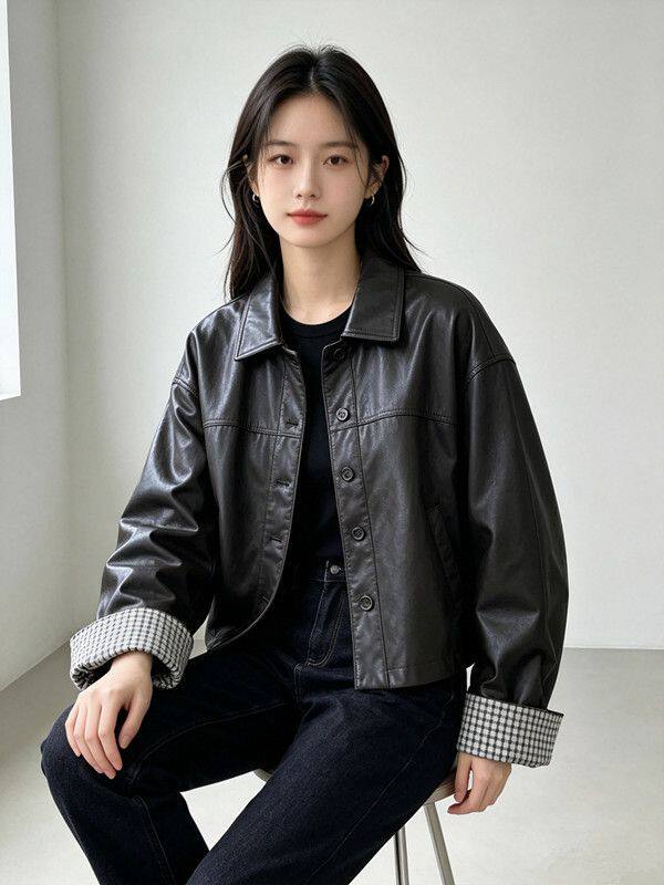 Áo khoác da PU nữ dáng ngắn cổ bẻ, phong cách Hàn Quốc, thời trang casual, dáng rộng, dễ phối đồ, retro, mùa thu — Màu nâu cà phê, màu đen chi tiết 10