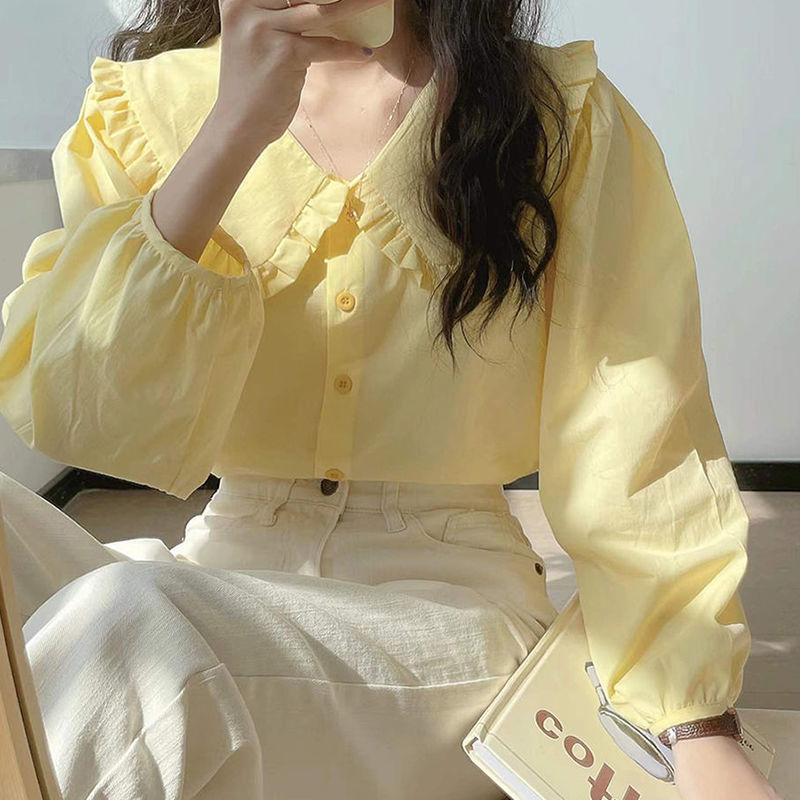 女性用ミルクイエロー長袖シャツ春フレンチレトロドールカラートップデザインニッチミルクスイートシャツ|undefined