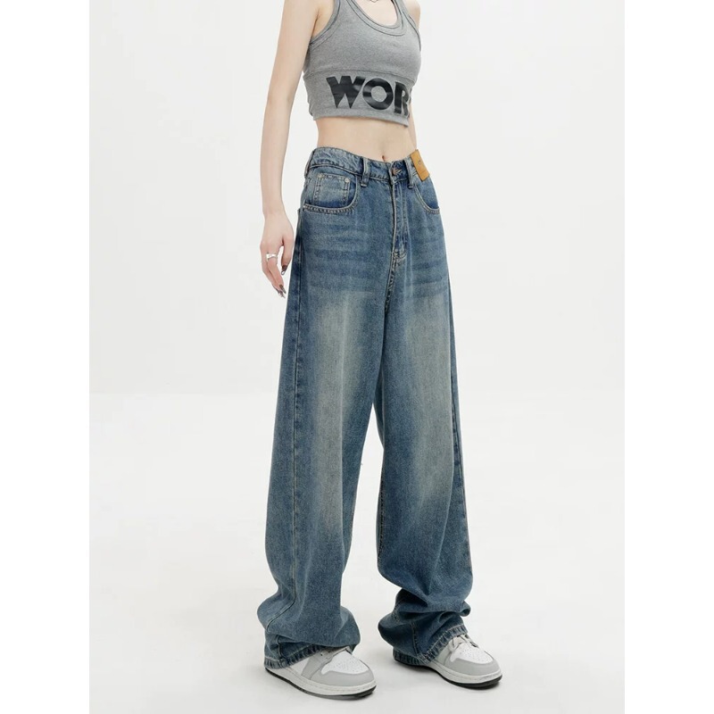 American Retro Blue Straight Loose Wide-Leg Jeans for Women, New Casual Versatile Light-Colored Drapey Floor-Length Pants
