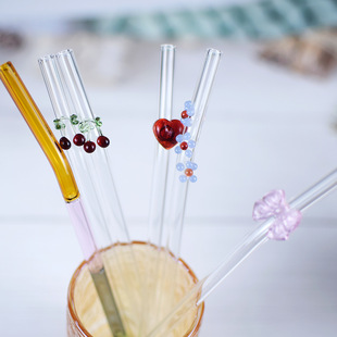 Customized High Borosilicate Transparent Glass Straw Bow Cherry Heart Creative Handmade Flower Drink Elbow 20cm