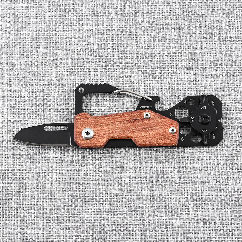 户外多功能登山扣开瓶器 发黑花梨木柄EDC迷你口袋折叠小刀工具卡