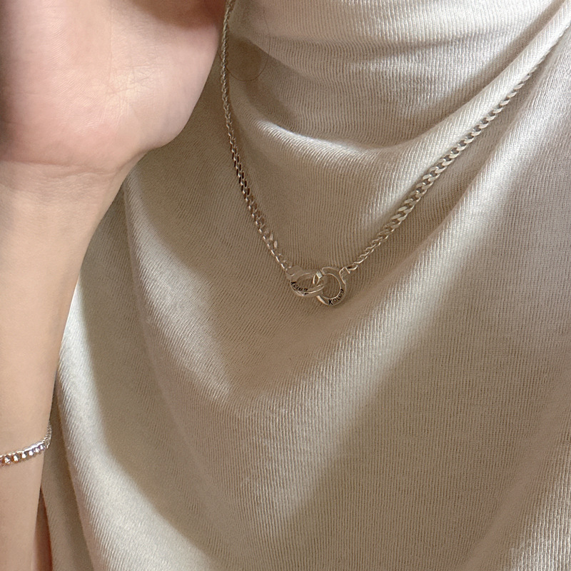 Lina Girl S925 Sterling Silver Japanese And Korean Style Cuban Double Ring Necklace Niche Design Fashion English Letter Heavy_voghion.com