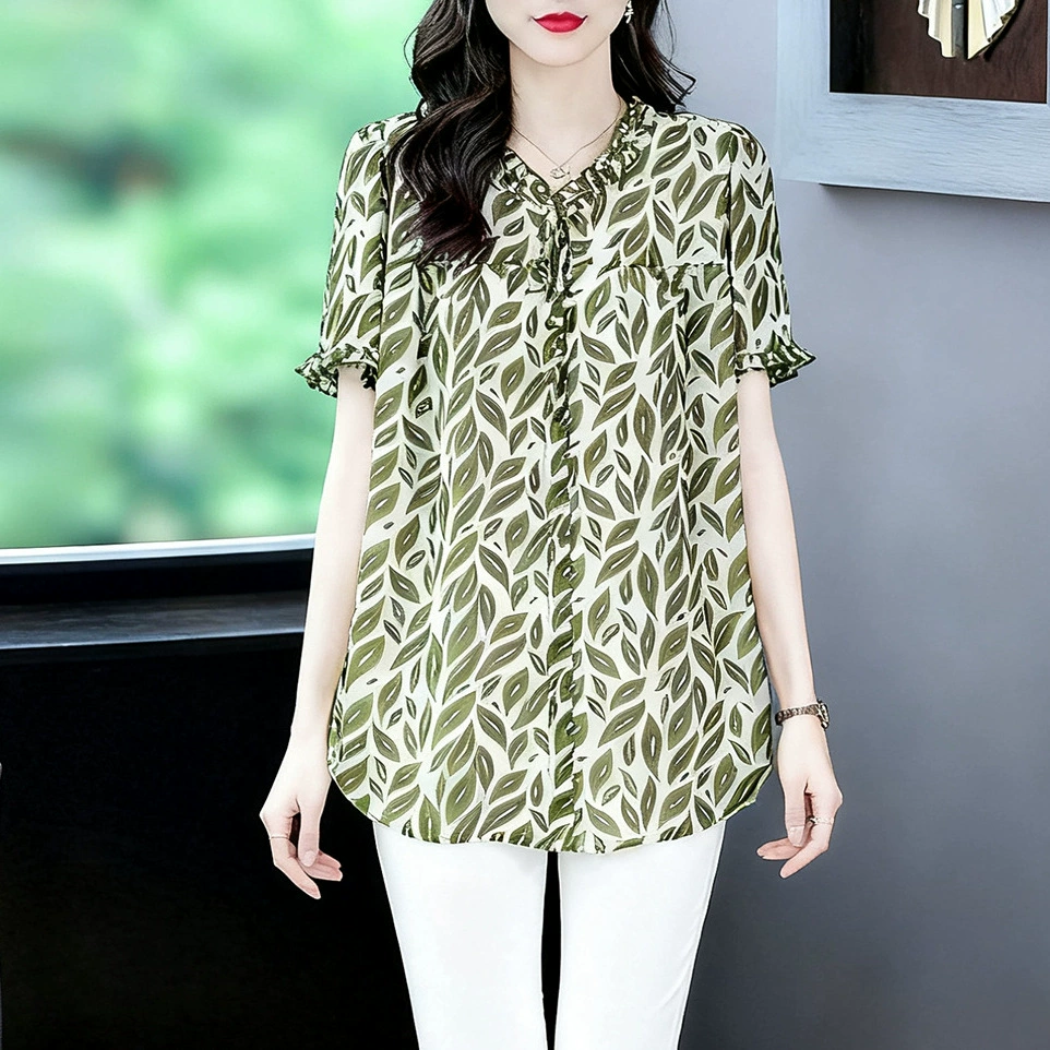 Летняя шифоновая рубашка больших размеров с воротником и короткими рукавами, Свободный Топ с деревянными ушками и принтом, женская одежда среднего и пожилого возраста