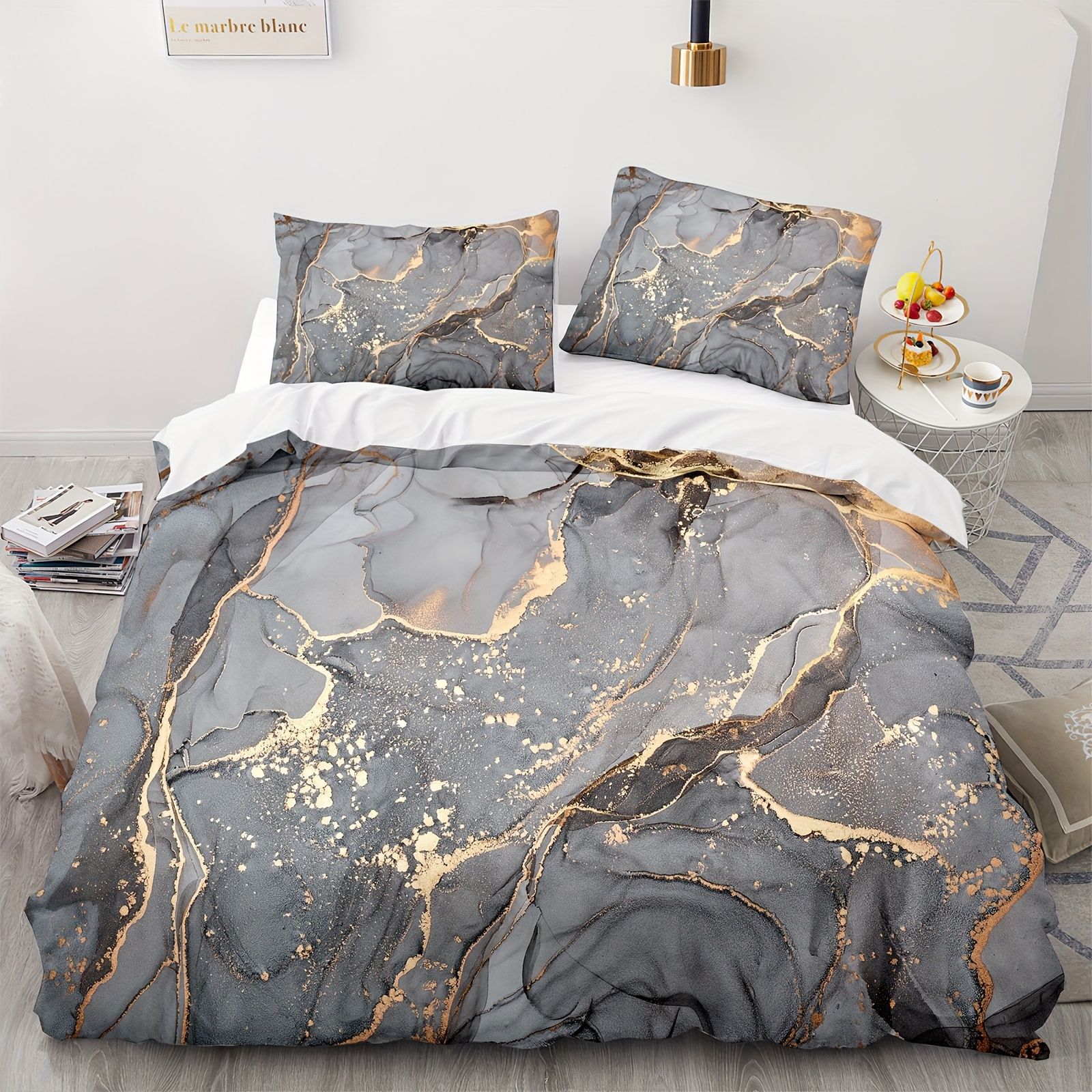 TEMU / JIT polvo oro mármol textura suave molienda impresión digital kit de colcha se puede ajustar