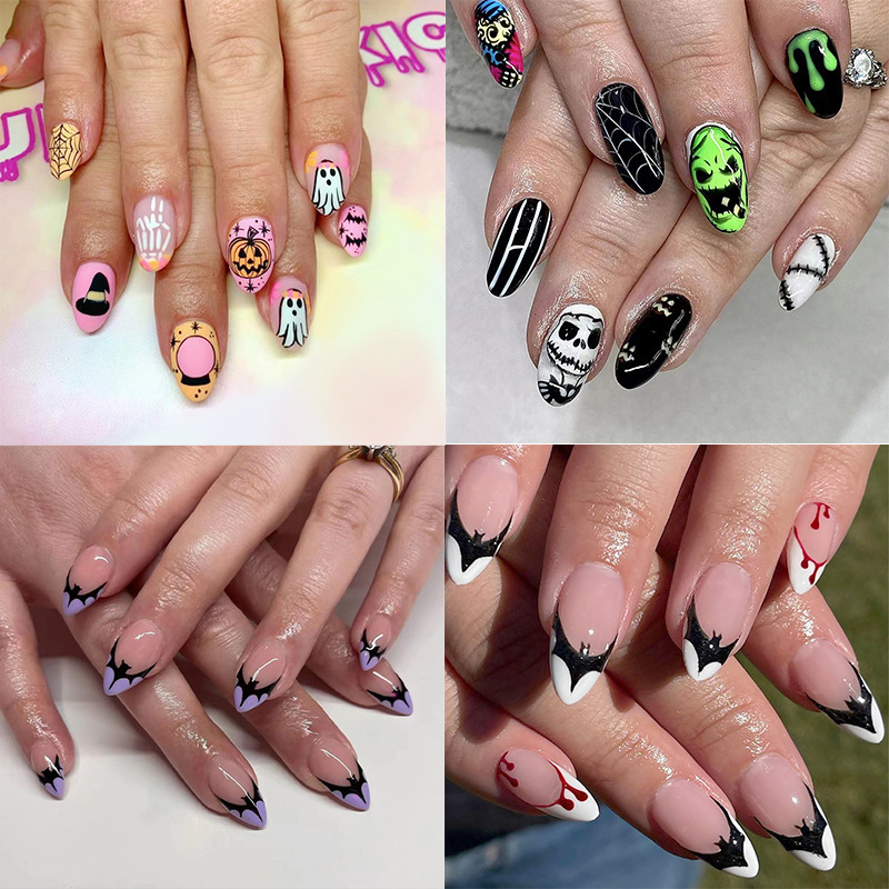 Foreign Trade Hot-Selling Nail Art Pieces Halloween Collection Simple French Style Bat Ghost Face Short Style Press-On Nails Wholesale