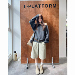 ［简裁］T-PLATFORM广州十三行 韩系休闲阔腿裤女秋季五分裤93082