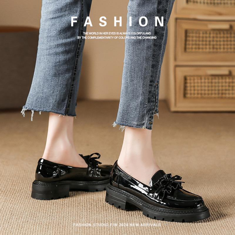 Soft Leather Long Socks, Soft Surface, Non-Height-Increasing, Women's All-Season Small Leather Shoes to Match Skirts, Spring and Autumn Thick-Soled Shoes, Women's Round-Toe Shoes