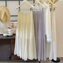 UNMUN雨雾紫藤压褶温柔半身裙春秋新款宽松大裙摆A字长裙百搭半身