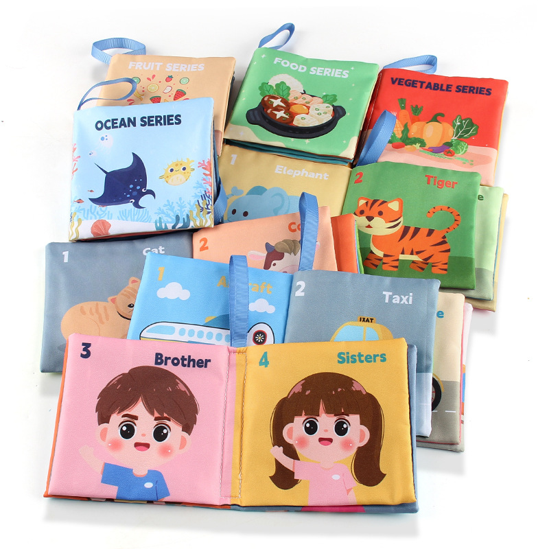 Libro de tela tridimensional para bebés juguetes de Educación Temprana de 4 lados de 8 páginas personaje de comida cognición animal libro de tela para bebés libro De Palma inglesa