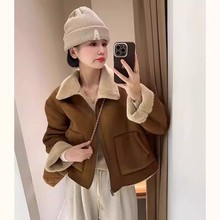 欧货皮毛短款一体羊羔2025新款外套秋冬加厚翻领机车复古保暖上衣