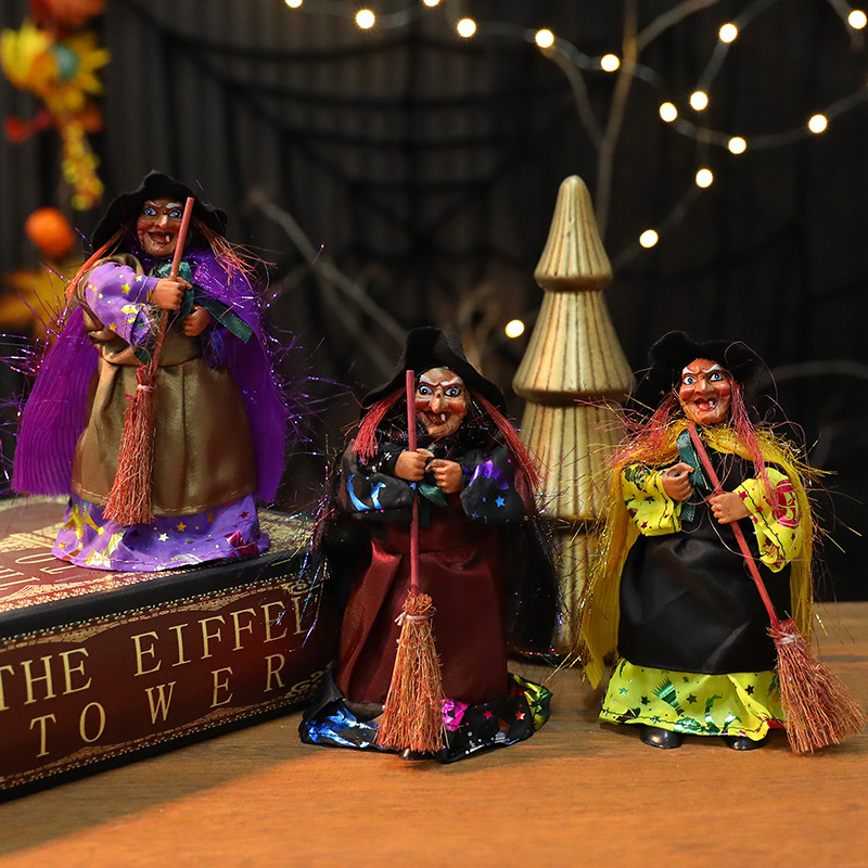 Decorazione da appendere per Halloween a forma di strega: strega volante con scopa e calderone a LED, risate attivate dal suono, decorazione da soffitto spettrale_voghion.com