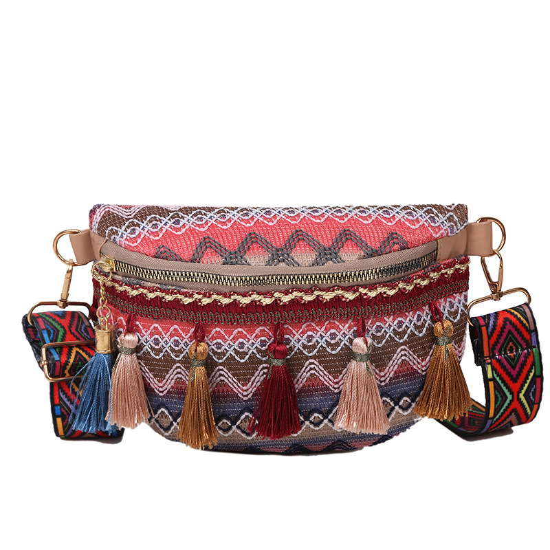 Venda quente pequeno peito perfumado tecido estilo étnico cor contrastante borla nova fita cintura bolsa crossbody tendência_voghion.com