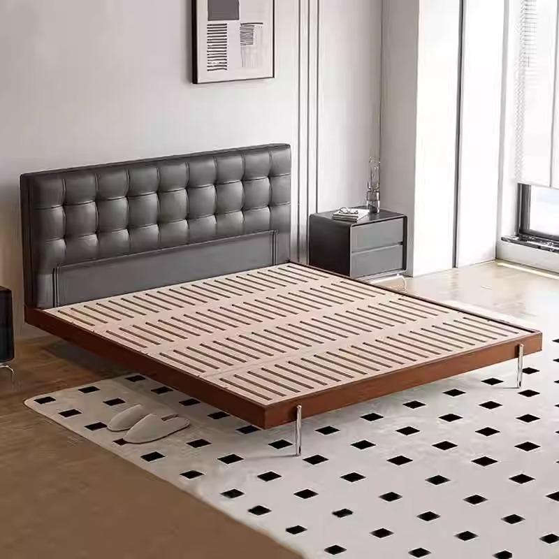 Medieval estilo waffle cama principal atmósfera de alta gama italiana minimalista madera maciza bolsa suave cama doble de piel de vaca negra image 5