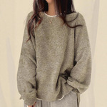 跨境亚马逊TK爆款韩国秋冬慵懒风圆领侧开叉宽松长袖保暖针织毛衣