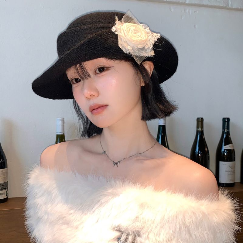赫本风花朵蕾丝优雅礼帽女千金风大头围显脸小高级感气质渔夫帽子|undefined