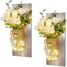 跨境LED玻璃瓶壁挂花球灰色长板白玫瑰花枝家居室内装饰遥控壁灯