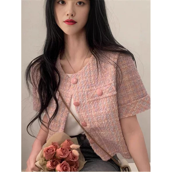 Pink Short-Sleeved Jacket for Women in Summer, Thin, Petite, High-End, Sweet, Chic and Western-Style Short Top