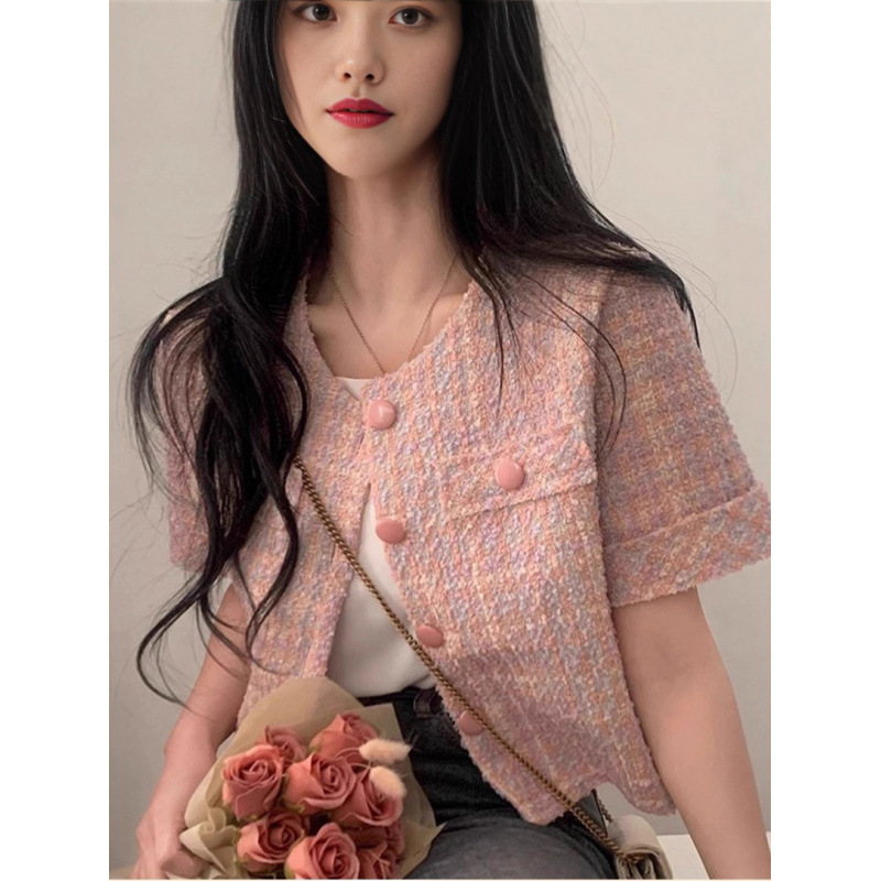 Pink Short-Sleeved Jacket for Women in Summer, Thin, Petite, High-End, Sweet, Chic and Western-Style Short Top Pink Short-Sleeved Jacket for Women in Summer, Thin, Petite, High-End, Sweet, Chic and Western-Style Short Top