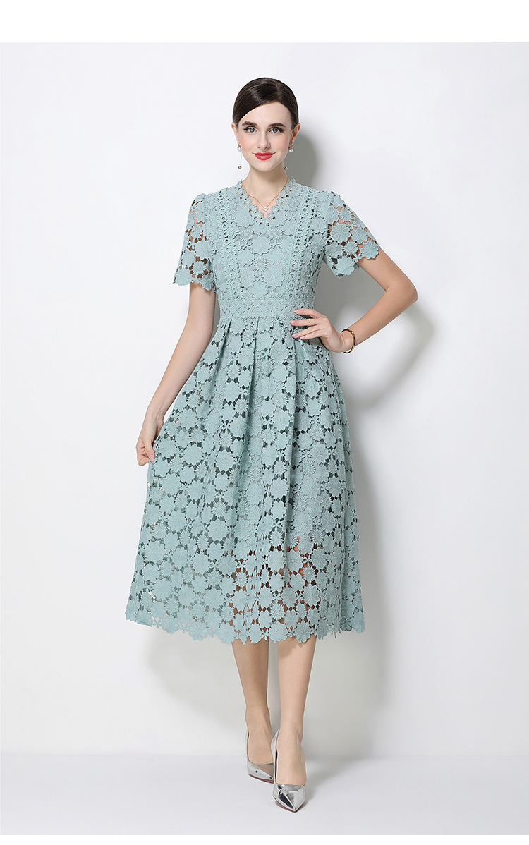 Đầm maxi nữ cổ V ren thắt eo tay ngắn họa tiết rỗng — màu đen, Rượu vang đỏ, màu hồng đậm, màu trắng chi tiết 67