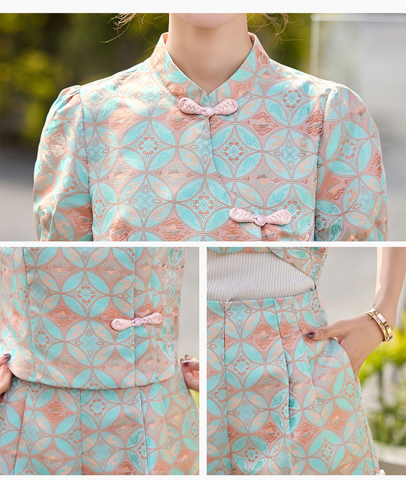 Bộ quần áo nữ mùa hè 2025 áo khoác jacquard quần short hai mảnh phong cách tân cổ điển — Màu xanh lục nhạt, Màu xanh lam, Màu đỏ chi tiết 37